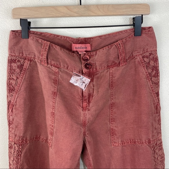 Sundance Organia Lace Trim Cotton Linen Pants Red Size 4 Petite - Picture 5 of 7